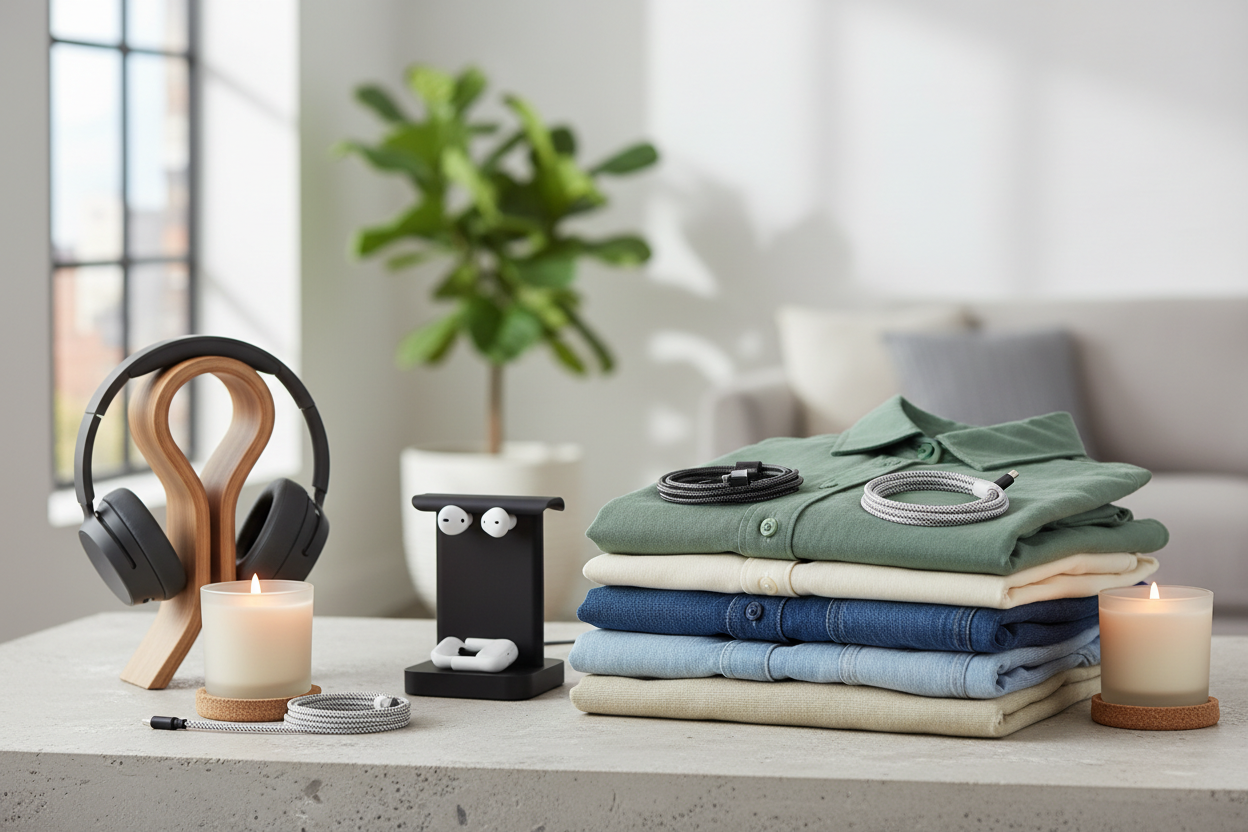 Video with shirts, using chargers, listening to Bluetooth, candles